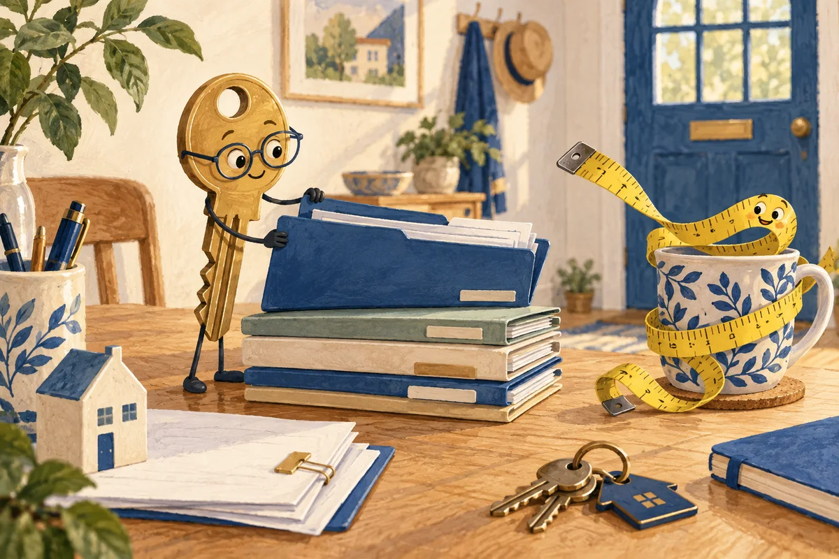 A house key wearing tiny reading glasses tries to organise a neat stack of folders while a measuring tape mischievously curls around a mug.